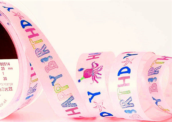 25mm Birthday Ribbon Satin Happy Birthday Printed For Birthday