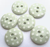 B16428 15mm Pale Grey Green-White Polka Dot Glossy 2 Hole Button