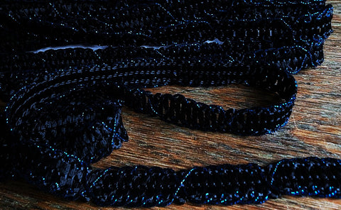 FT3200 14mm Black Silky Braid Decorated with Metallic Royal Blue Cord 