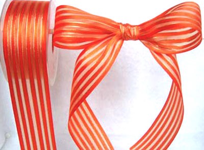 R0037 40mm Orange Satin, Sheer and Gold Metallic Striped Ribbon