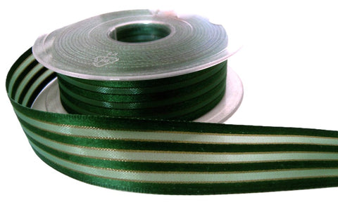 R0038 25mm Green Satin, Sheer and Bronze Metallic Striped Ribbon