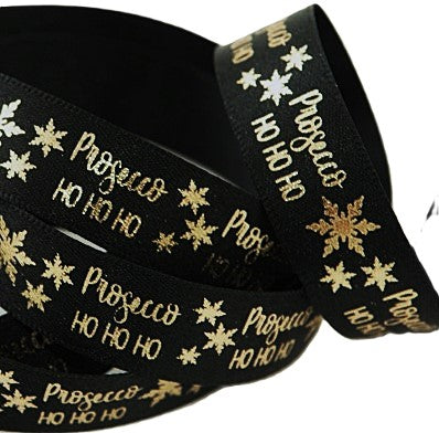 R0241 15mm Black Satin with Gold Prosecco Christmas Print Ribbon