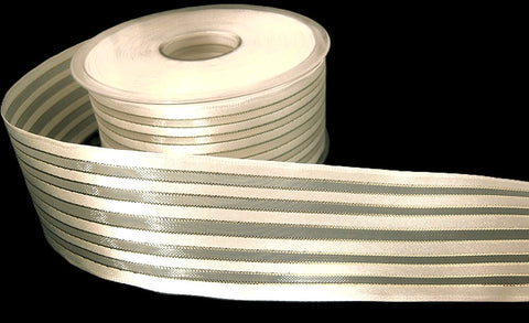 R0245 40mm Bridal White Satin, Sheer and Gold Metallic Striped Ribbon, Wired