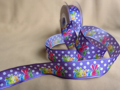 R0449 26mm Violet Spotty Taffeta Easter Bunny Print Ribbon by Berisfords