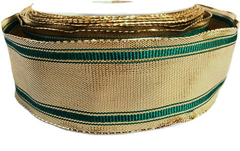 R0549 40mm Metallic Gold Ribbon-Green Grosgrain Stripes, Berisfords