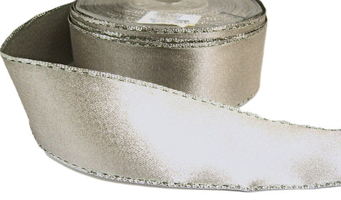 R1023 38mm Silver Grey Double Face Satin Ribbon, Metallic Edge