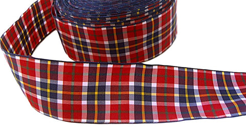 R1048 38mm Red, Navy, Yellow and White Plaid Tartan Ribbon. Wired