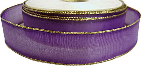 R1094L 24mm Purple Translucent Polyester Ribbon-Metallic Gold Borders