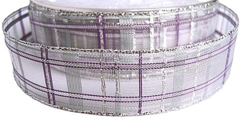 R1482 24mm Silver-Grey-Lilac Metallic-Sheer Check Ribbon, Berisfords