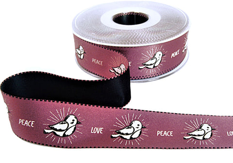 R1594 26mm Pink-Black PEACE LOVE Dove Printed Satin Ribbon, Berisfords