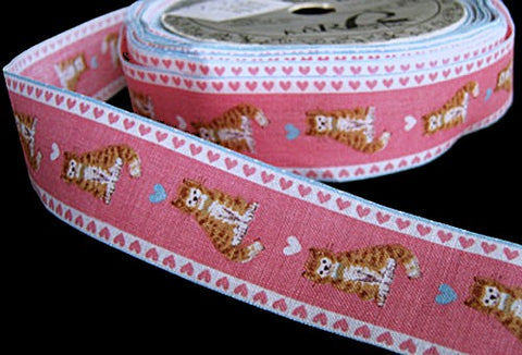 R1618 29mm Pink-Mixed Cat-Love Hearts Vintage 100% Cotton Ribbon