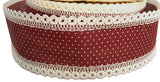 R1695 50mm Burgundy-Cream Polka Dot Cotton Ribbon-Linen Lace Edges