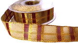 R2084 25mm Gold-Scarlet Berry Metallic Mesh-Check Ribbon, Berisfords