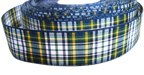 R2214 25mm Navy, Green, White and Yellow Polyester Tartan Ribbon