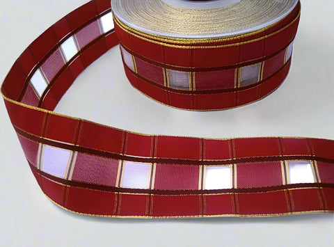 R2343 40mm Red-Wine-Sheer-Metallic Gold Geometric Tartan Ribbon