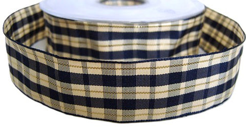 R2785 26mm Navy-Cream-Metallic Gold Tartan Ribbon by Berisfords