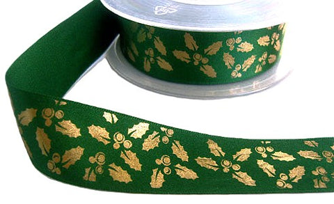 R4262 26mm Green Satin-Metallic Gold Holly Printed  Ribbon by Berisfords