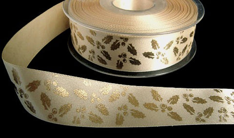 R4297 25mm Cream Satin-Metallic Gold Holly Printed Ribbon by Berisfords