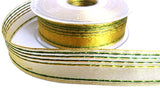 R5538 25mm Metallic Gold Sheer Ribbon with Greens and Honey Stripes