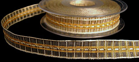 R5637 15mm Cream and Honey Satin, Sheer and Metallic Tartan Ribbon