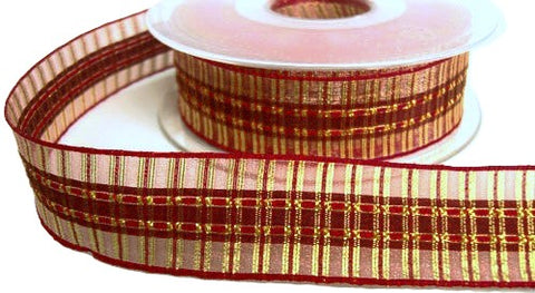 R5641 25mm Red-Wine Satin-Sheer-Metallic Gold Tartan Ribbon,Berisfords