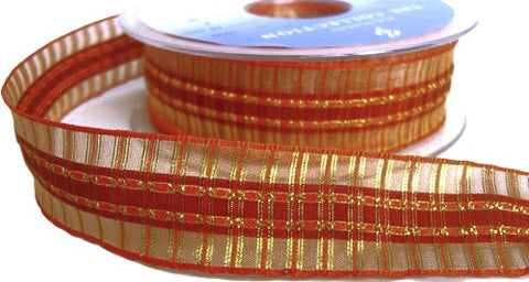 R5643 25mm Orange-Rust-Gold Metallic-Sheer Tartan Ribbon, Berisfords