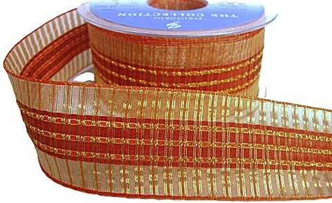 R5645 39mm Orange and Rust Satin, Sheer and Metallic Tartan Ribbon