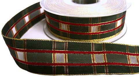 R5649C 25mm Green-Red-Sheer-Metallic Gold Tartan Ribbon,Berisfords