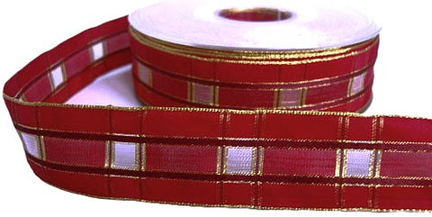 R5650 25mm Red, Wine, Sheer and Metallic Gold Geometric Tartan Ribbon