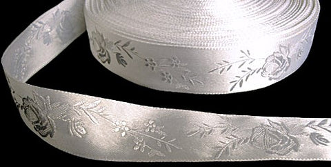 R5950 25mm White Woven Jacquard Rose Satin Ribbon