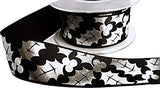 R6073 35mm Black-Metallic Silver Holly Print Satin Ribbon by Berisfords