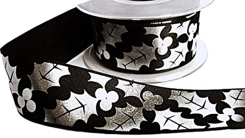 R6073 35mm Black-Metallic Silver Holly Print Satin Ribbon by Berisfords