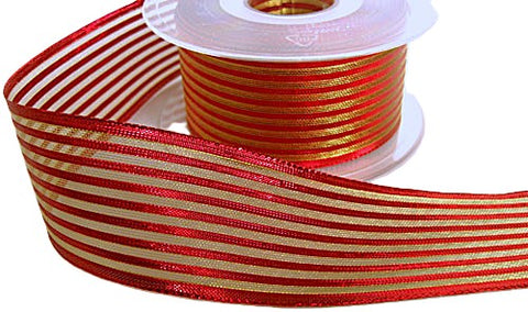 R6265 40mm Metallic Red and Gold Mesh Striped Ribbon By Berisfords