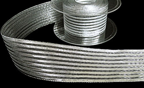 R7195 40mm Metallic Silver Solid and Mesh Striped Ribbon By Berisfords