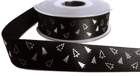 R6145 25mm Black-Metallic Silver Christmas Tree Satin Ribbon, Berisfords