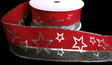 R6161C 40mm Red-Metallic Mesh Silver Print Wire Edge Ribbon-Berisfords