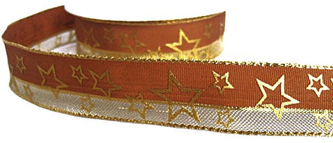 R6163 25mm Brown-Metallic Gold Mesh Star Print Ribbon by Berisfords