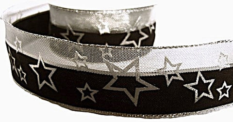 R6165C 40mm Black-Metallic Mesh-Silver Star Print Ribbon, Berisfords