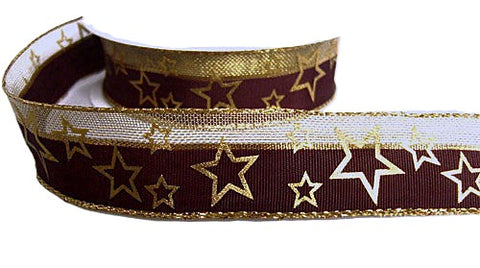 R6167 25mm Maroon-Metallic Gold Mesh Star Print Ribbon, Berisfords