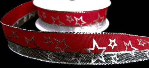 R6171 26mm Red and Metallic Mesh Ribbon with a Silver Star Print. Wire Edge