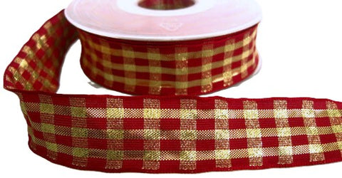 R6172 25mm Scarlet Berry-Gold Metallic Check Ribbon by Berisfords