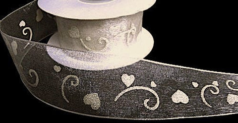 R7198 40mm Pearl Sheer-Silver Glitter Love Heart Print Ribbon,Berisfords