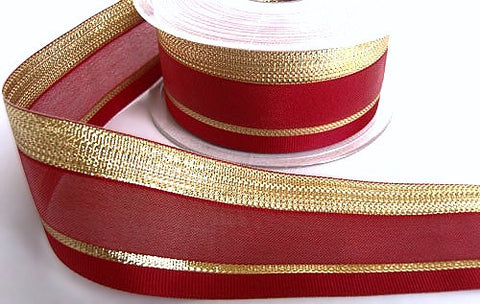 R6543 40mm Red Sheer-Grosgrain-Metallic Gold Stripe Ribbon,Berisfords