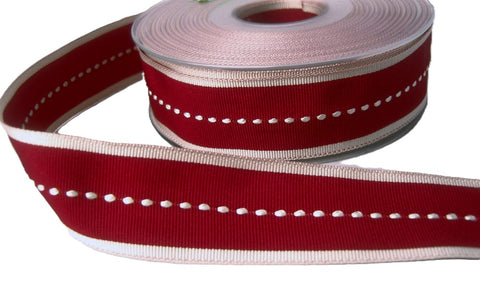 R6604 25mm Scarlet Berry-Beige Centre Gimp Stitch Ribbon by Berisfords