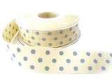 R6607 25mm Cream-Blue Polka Dot/Spot Grosgrain Ribbon by Berisfords