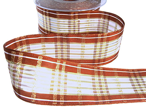 R6781 25mm Rust-White-Metallic Gold-Iridescent Crystal Plaid Ribbon