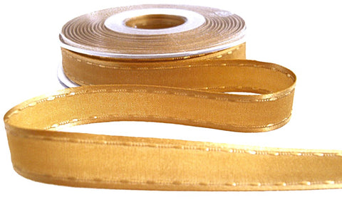 R6941 15mm Honey Gold "Retro Stitch" Ribbon. Satin Borders,Taffeta Centre