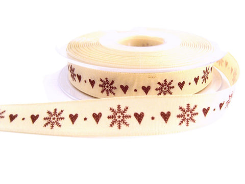 R6999 15mm Cream-Russet Rustic Snowflake-Hearts Print Ribbon,Berisfords