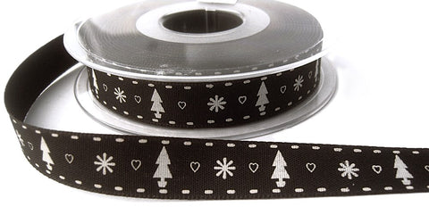 R7009 15mm Charcoal Festive Tree Print Rustic Taffeta Ribbon, Berisfords