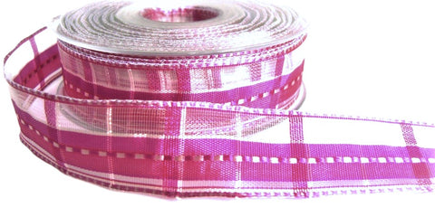 R7065 25mm Cyclamen Pink-Pearl Sheer Check Ribbon,Banded Silk Stripes